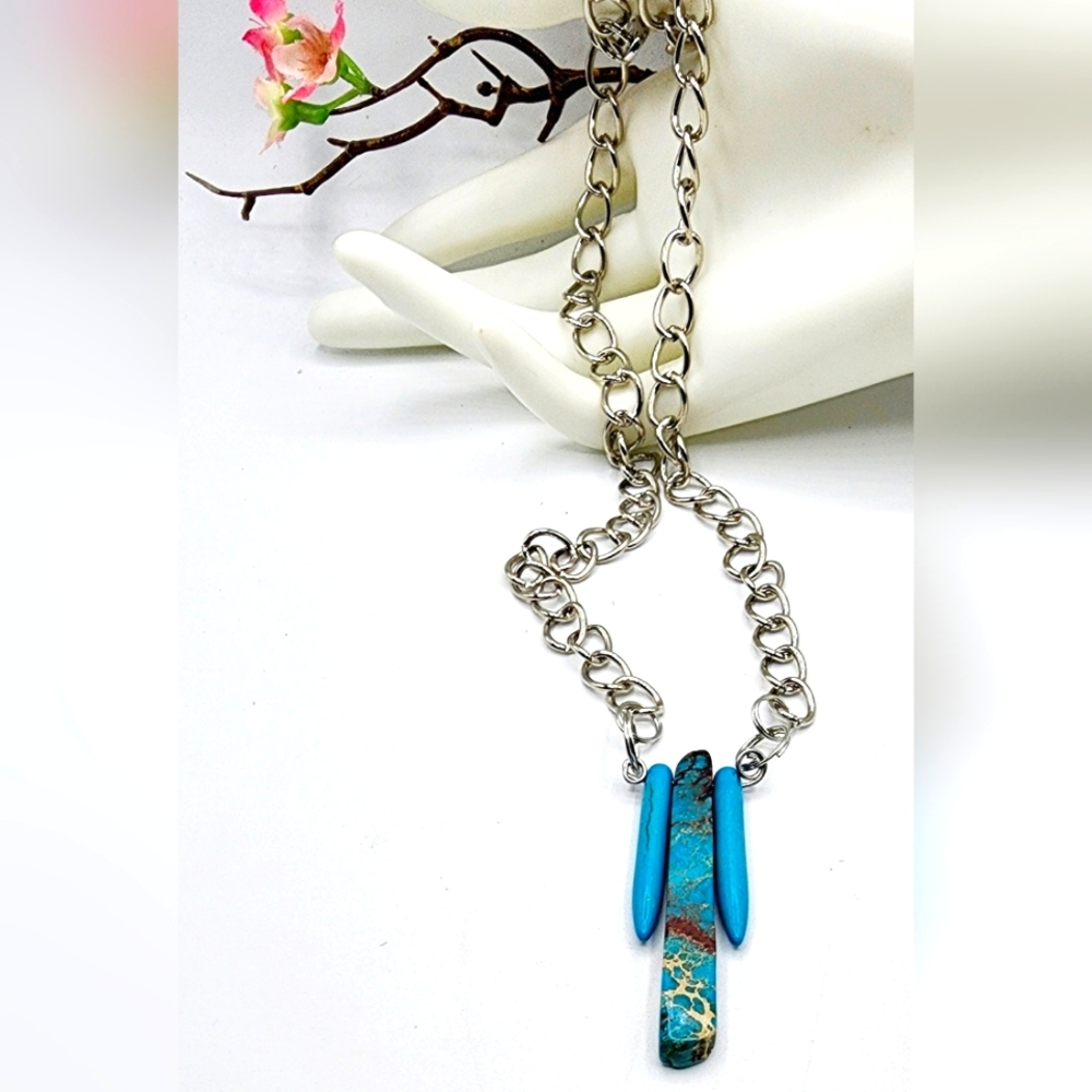 Turquoise color stones, circle link chain,stainless steel link, 26inch,